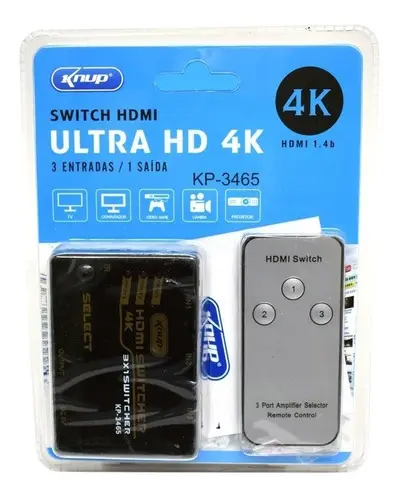 ADAPTADOR SWITCH HDMI 3X1 3 ENTRADAS 1 SAIDA C/ CONTROLE KP-3465