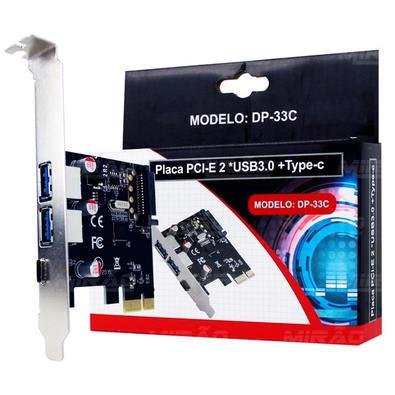 ADAPTADOR PLACA PCI-E 2 PORTAS USB 3.0 +1 PORTA TYPE C DP-33C DEX