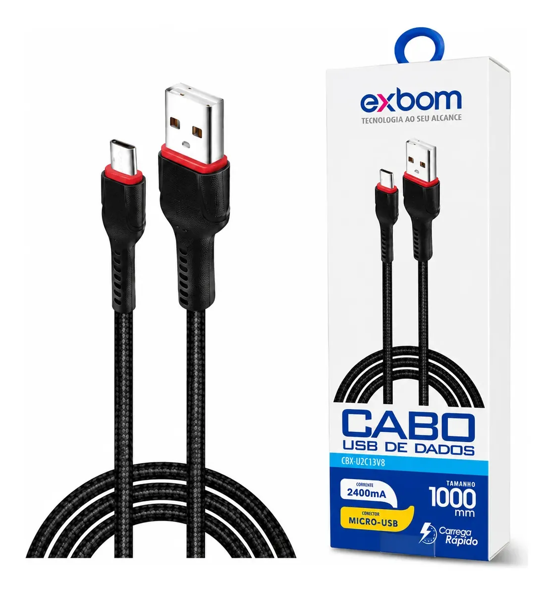CABO DE DADOS USB EXBOM V8 REFORCADO 2.4A 1M CBX-U2C13V8