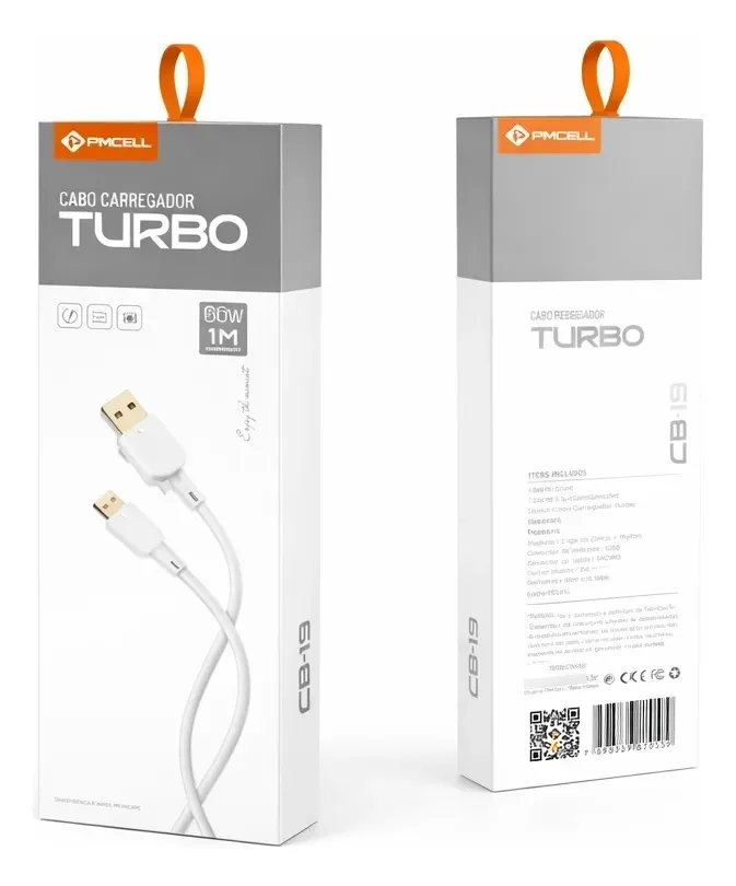 CABO DE DADOS USB PMCELL V8 TURBO 1M 66W (6A) CB-19