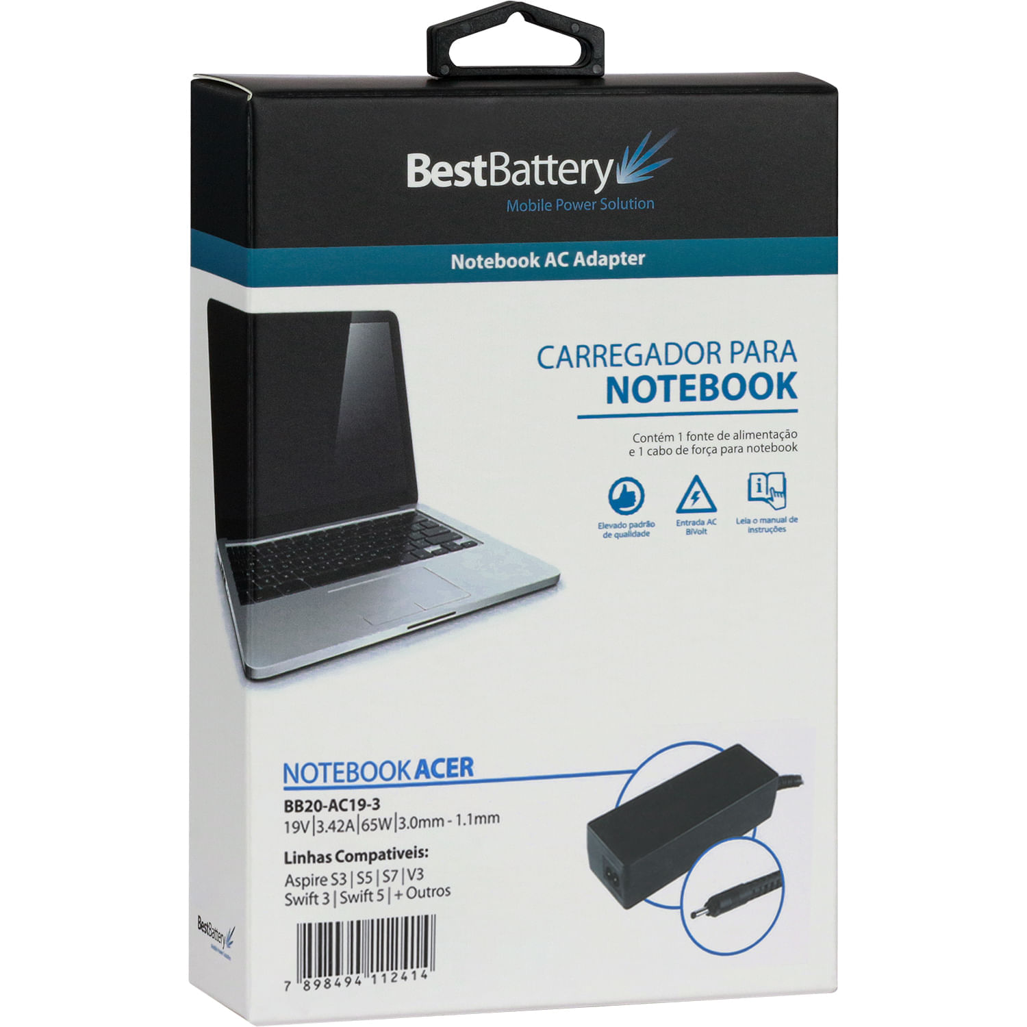CARREGADOR NOTEBOOK ACER FINO 19V 3.42A 65W BB20-AC19-3 3.0X1.1MM BEST BATTERY