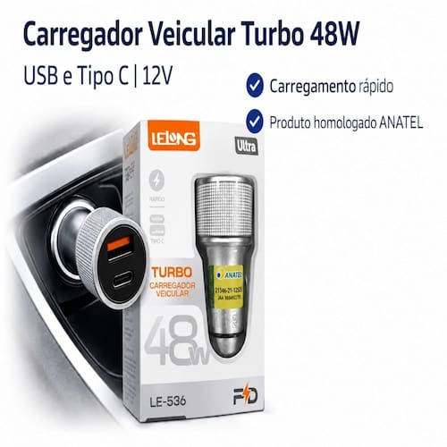 CARREGADOR VEICULAR LELONG TURBO PD+USB 48W LE-536 - LELONG