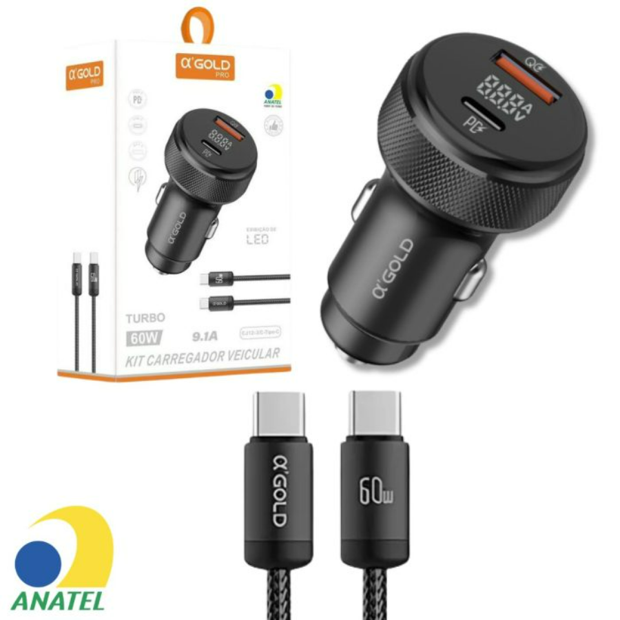 CARREGADOR VEICULAR 9.1A 60W VISOR LED USB+TIPO C CJ12-3 A'GOLD