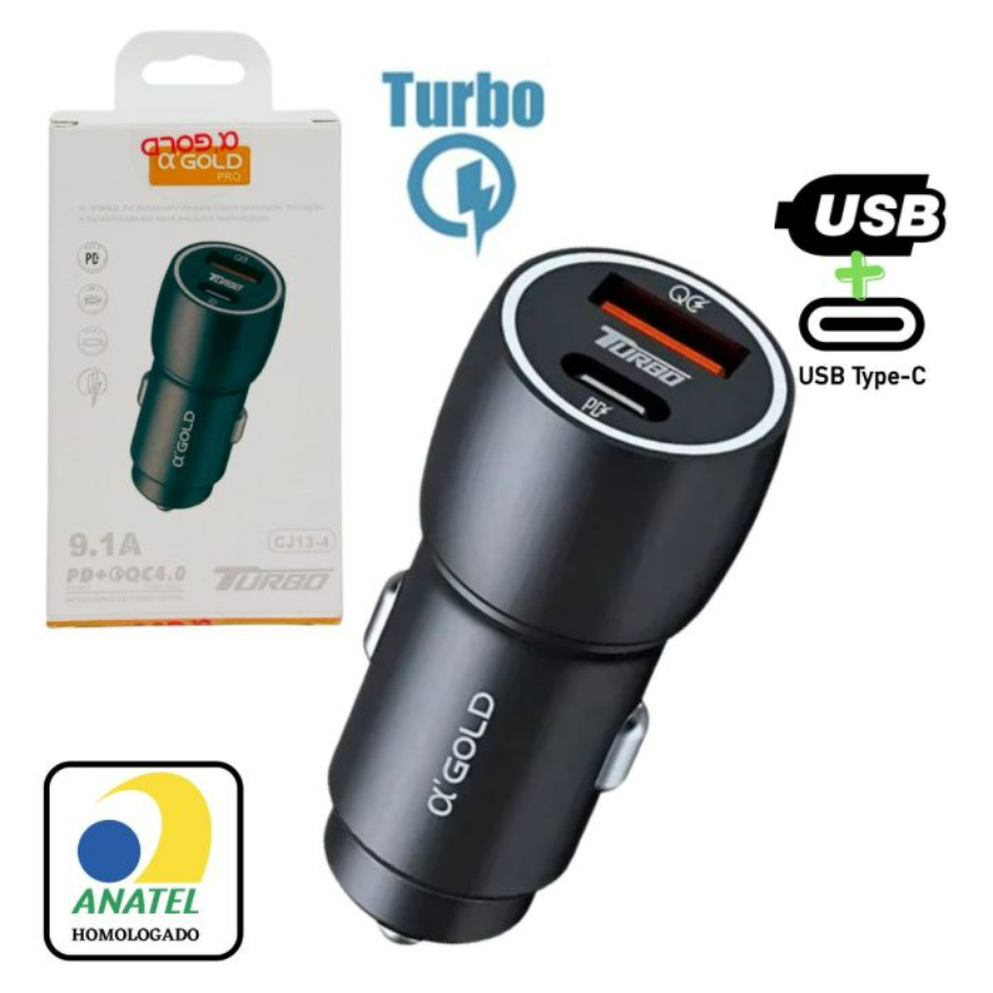 CARREGADOR VEICULAR 9.1A 60W USB+TIPO C CJ13-4 A'GOLD