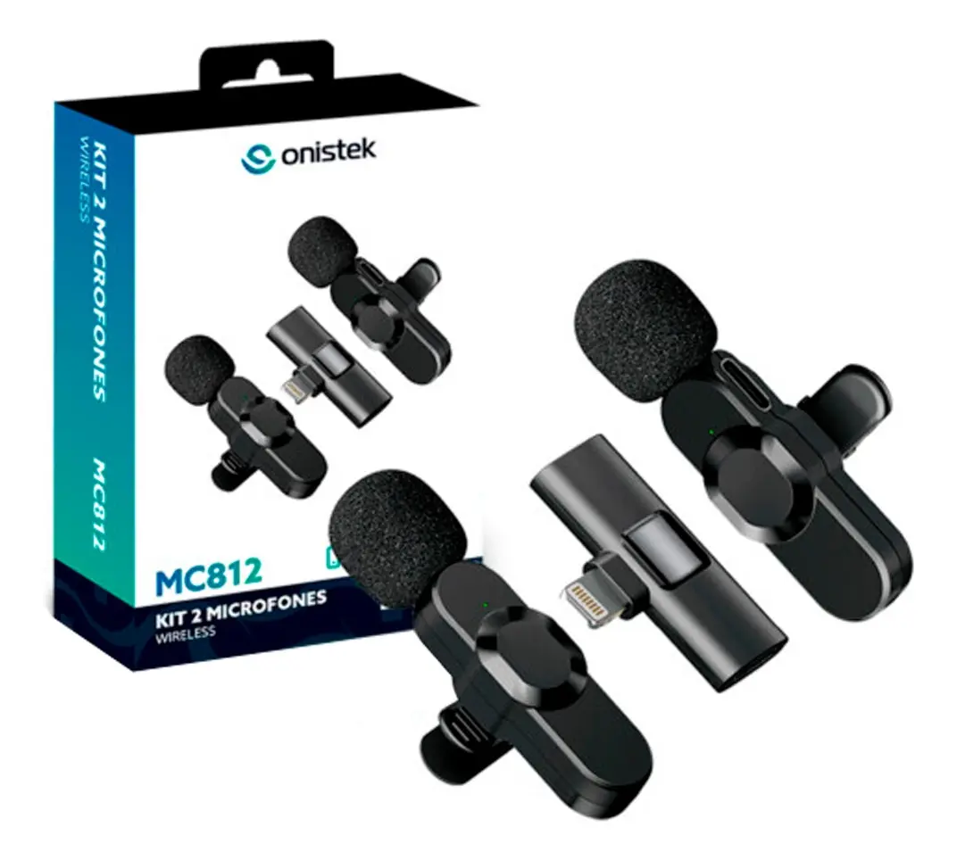 KIT 2 MICROFONES DE LAPELA SEM FIO RECARREGAVEL LIGHTNING MC812 ONISTEK