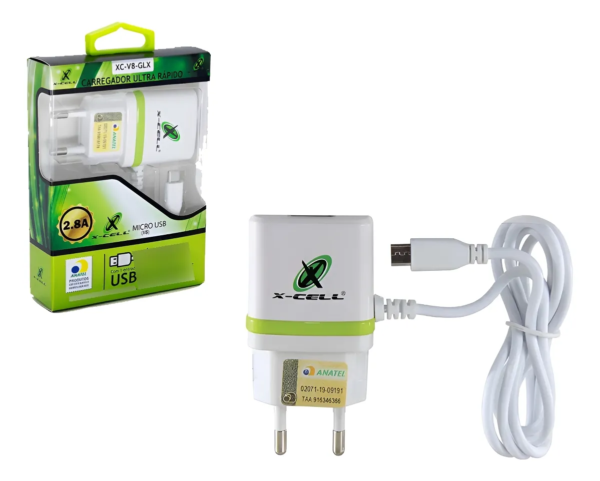 KIT CARREGADOR RAPIDO XC-V8-GLX 1 USB 2.8A CABO FIXO X-CELL