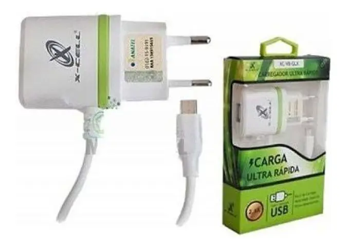 KIT CARREGADOR RAPIDO XC-V8-LED 1 USB 2.0A CABO FIXO X-CELL